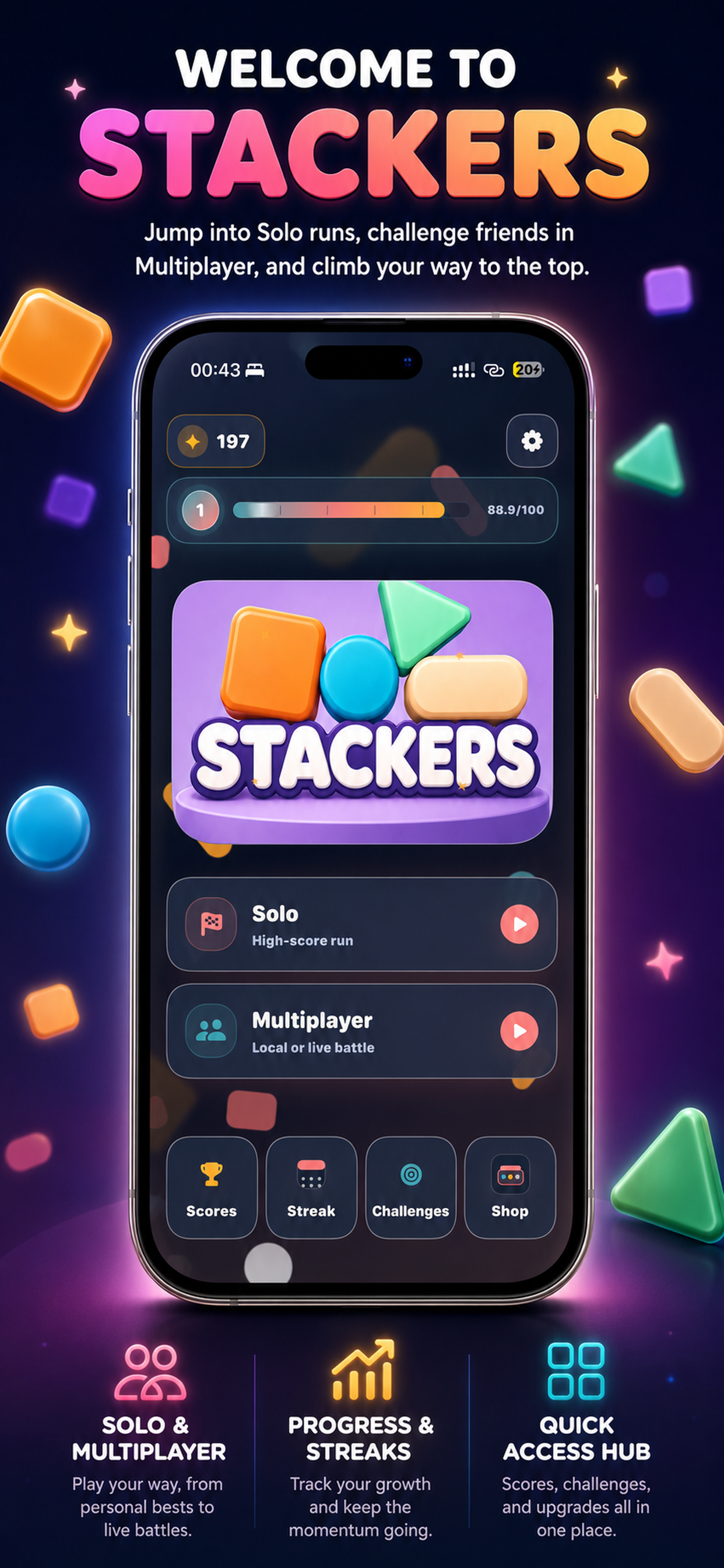 Stackers home menu showing solo, multiplayer, scores, streak, challenges, and shop.