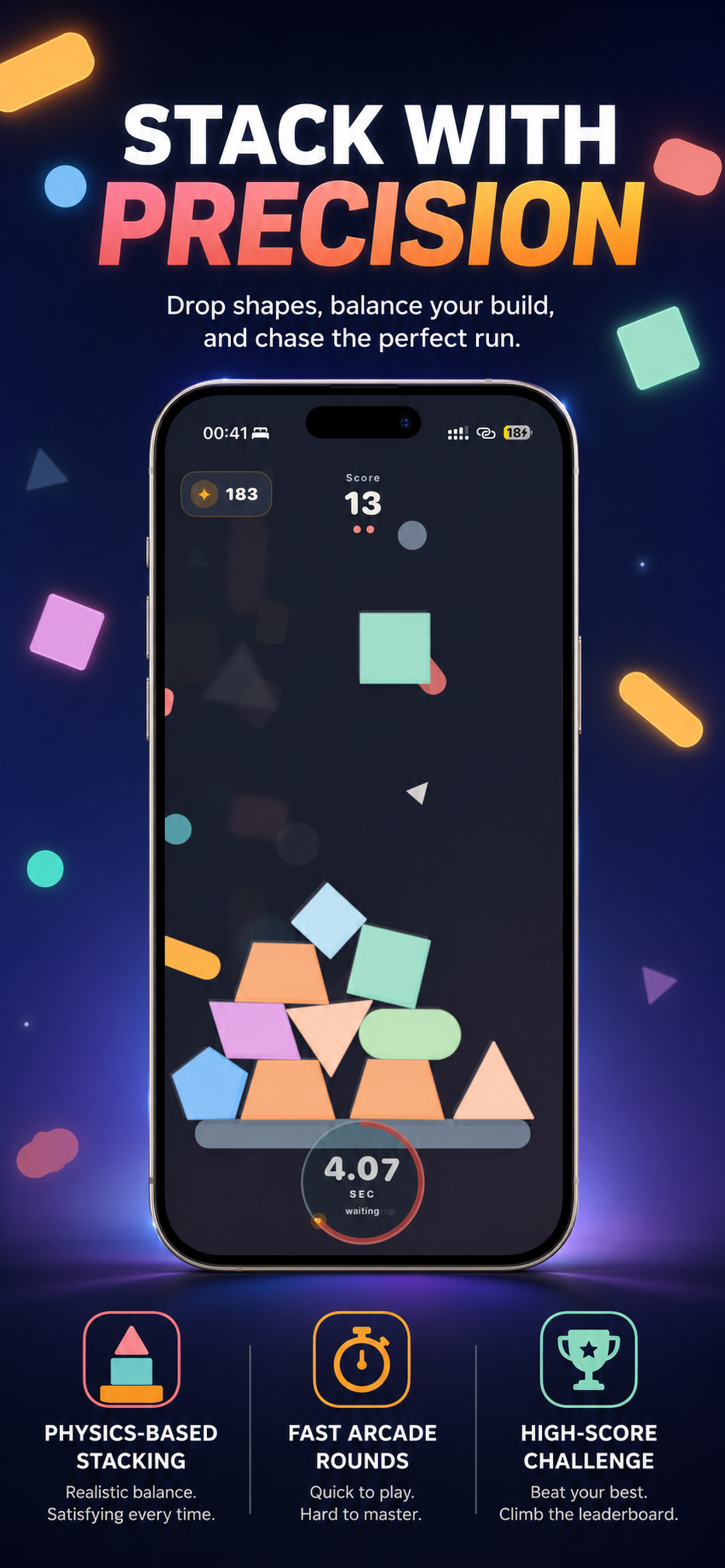 Stackers gameplay screenshot with falling shapes and a fuse timer.